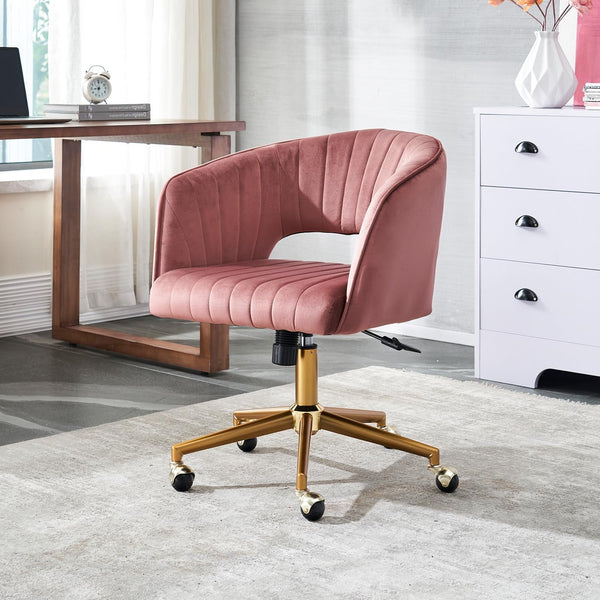 Modern Velvet Swivel Home Office Chair with Gold Base – 360° Rotation, Plush Upholstery, Easy Assembly, for Living Room, Bedroom, Vanity & Study Peach Maple