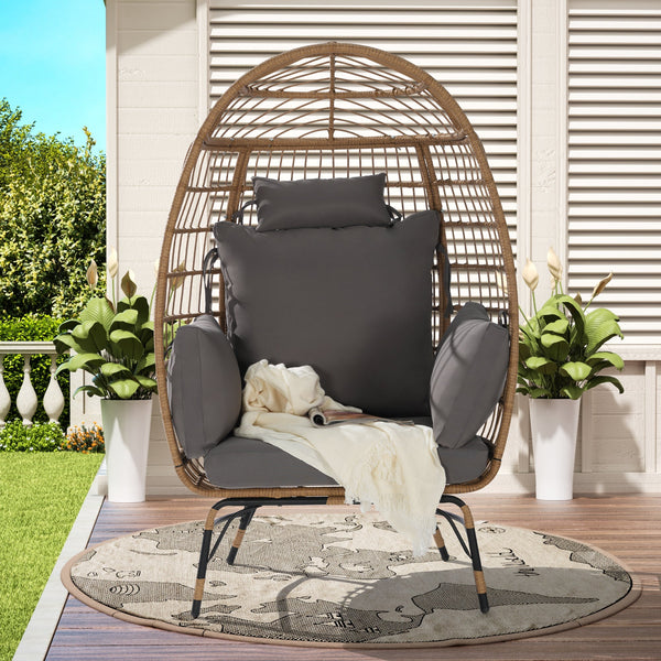 Outdoor Rattan Egg Chair with Cushion – Dark Gray All-Weather Wicker Patio Lounge Chair for Garden, Balcony, or Porch, 360 lbs Capacity Sangria Beech