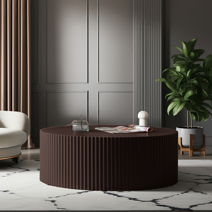35" Handcrafted Round MDF Coffee Table – Modern Low Profile Center Table for Living Room, No Assembly Required Sangria Beech