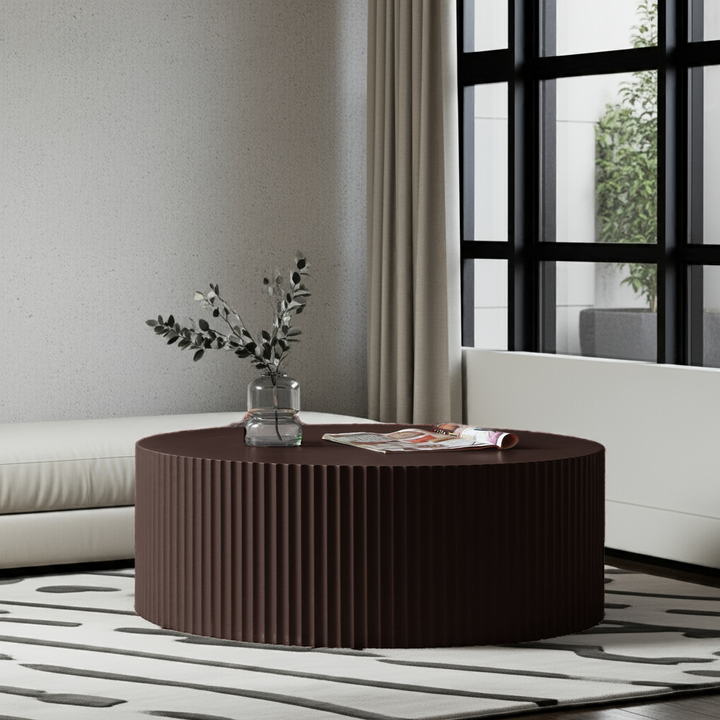 35" Handcrafted Round MDF Coffee Table – Modern Low Profile Center Table for Living Room, No Assembly Required Sangria Beech