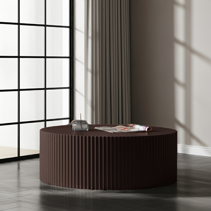 35" Handcrafted Round MDF Coffee Table – Modern Low Profile Center Table for Living Room, No Assembly Required Sangria Beech