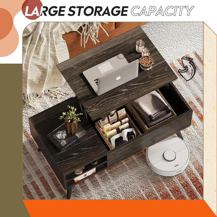 Lift Top Coffee Table with Storage – Modern Mid-Century Rustic Wood Grain Table with Hidden Compartment & Removable Shelf Peach Maple