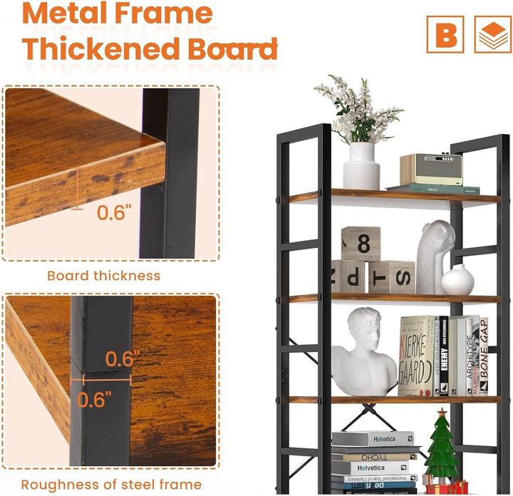 Modern 5-Tier Tall Bookshelf with Metal Frame – Space-Saving Industrial Bookcase Storage Shelf for Living Room, Bedroom, or Office – 62.2" H Freestanding Wood Shelving Unit Peach Maple