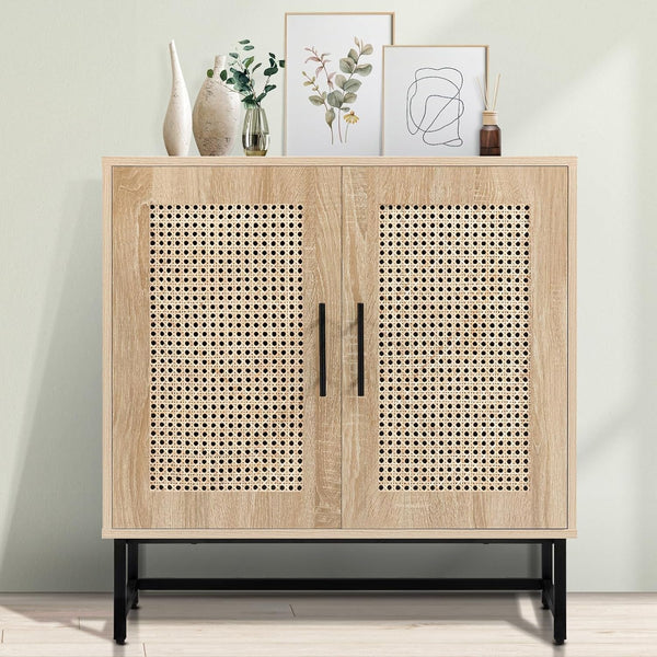 Rattan Door Storage Cabinet Handmade Buffet Sideboard Accent Peach Maple