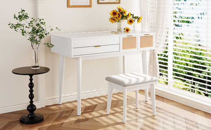 White Makeup Vanity Table with Hidden Square Mirror, 3 Drawers with Woven Rattan Design & Upholstered Stool – Solid Wood & MDF, Space-Saving Dressing Table Set Sangria Beech