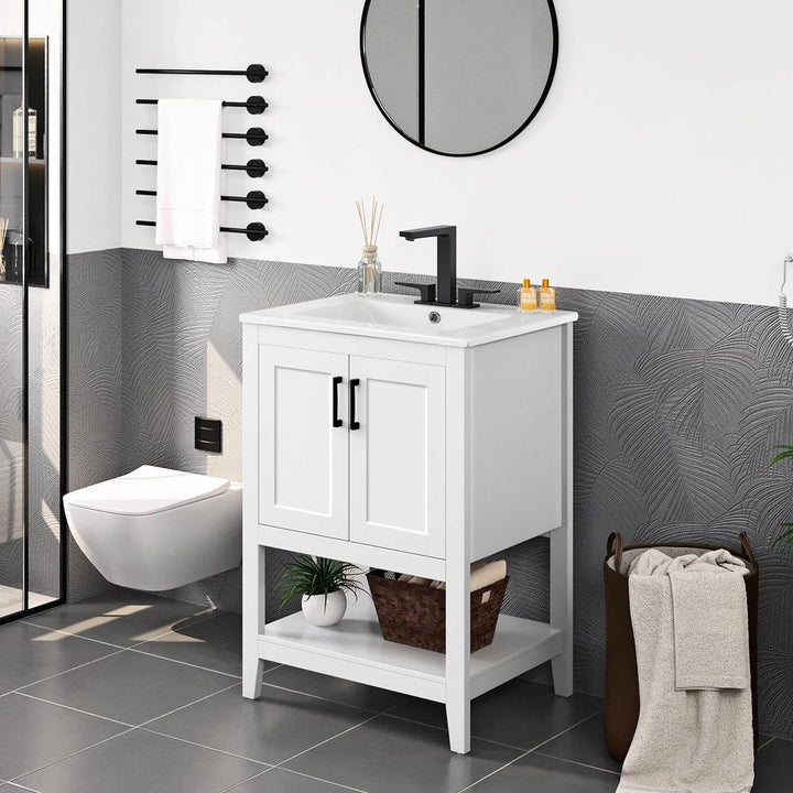 Modern White Wood Bathroom Vanity with White Ceramic Sink & Storage Cabinet – 34” Tall, Durable MDF Yellow Crius