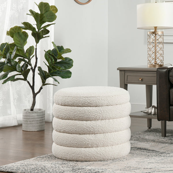 Fuji 19' Oversized Round Storage Ottoman, Ivory White Boucle GH Modern Living