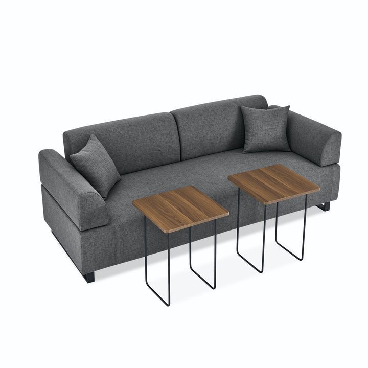 Modern Grey Linen Sectional Sofa with Foam Cushions, Metal Legs & Wood Frame – 3-Seat Convertible Sofa with End Tables and Bolster Pillows Sangria Beech