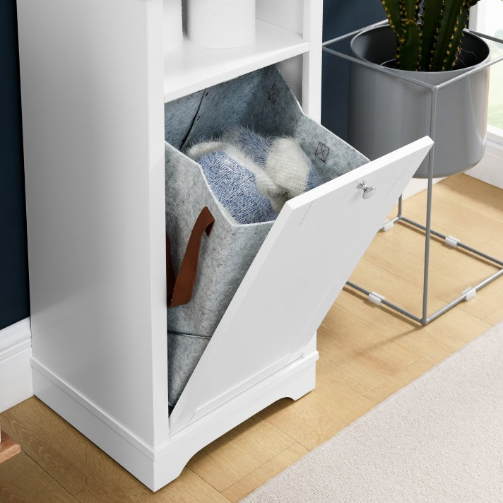 64" Tall White Bathroom Storage Cabinet with Laundry Hamper – Floor Standing Organizer with 4 Adjustable Shelves, Hidden Storage for Small Spaces CJDropshipping