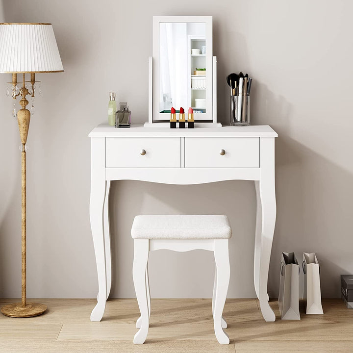 Modern Vanity Table Set with 360° Pivoting Mirror and Cushioned Stool – Makeup Dressing Table with 2 Drawers, Solid Wood & PU Seat Peach Maple