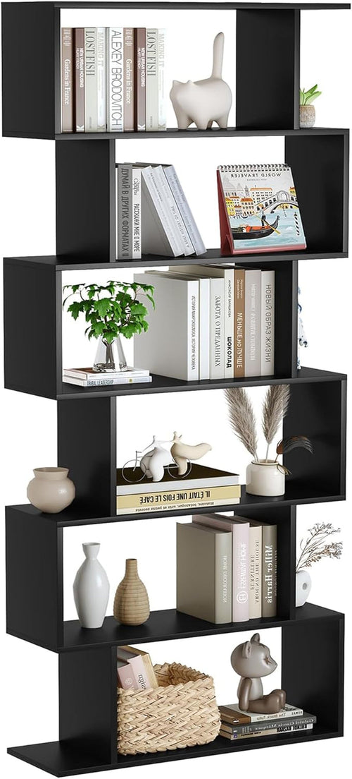 6-Tier Black S-Shaped Modern Geometric Bookshelf – Space-Saving Display & Storage Shelf Peach Maple