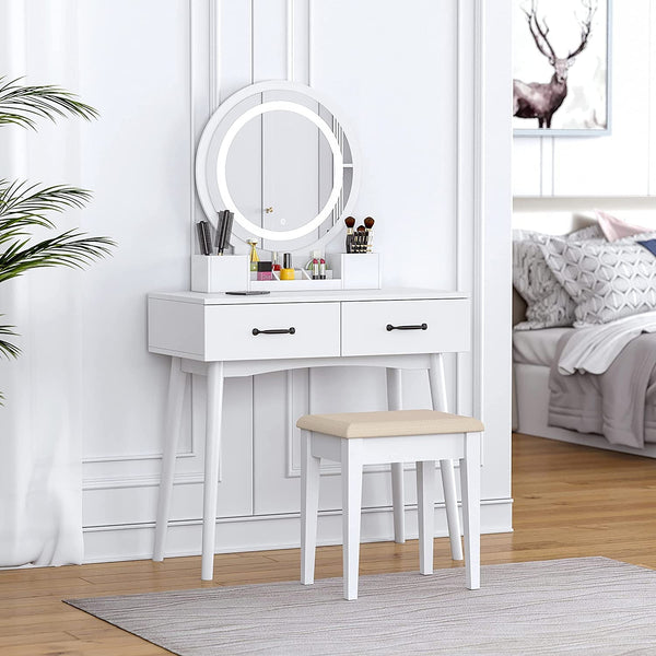 UTEX Makeup Vanity Set with Mirror and 3-Color Adjustable LED Lights – White Dressing Table with Stool, Drawers & Storage Boxes Peach Maple