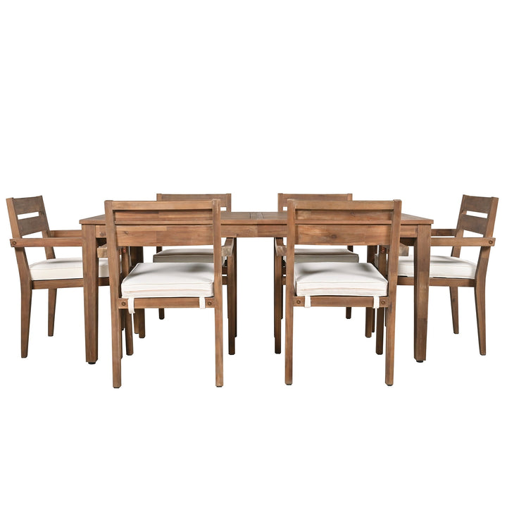 7-Piece Outdoor Acacia Wood Dining Set – Burly Wood Table and 6 Chairs with Cushions, Weather-Resistant Patio Furniture for Garden, Balcony, Backyard Sangria Beech