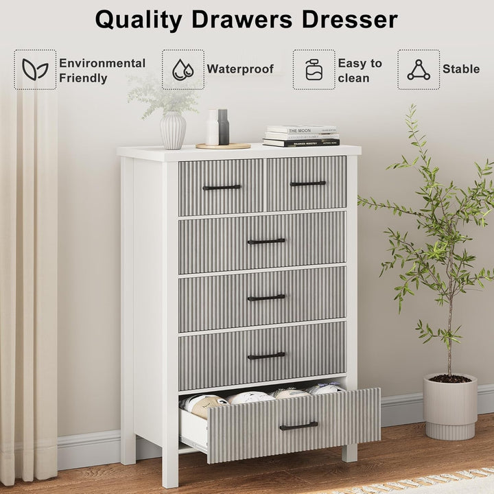 Modern 6 Drawer White Dresser with Fluted Panels – Stylish & Durable Storage for Bedroom, Living Room & Hallway Peach Maple
