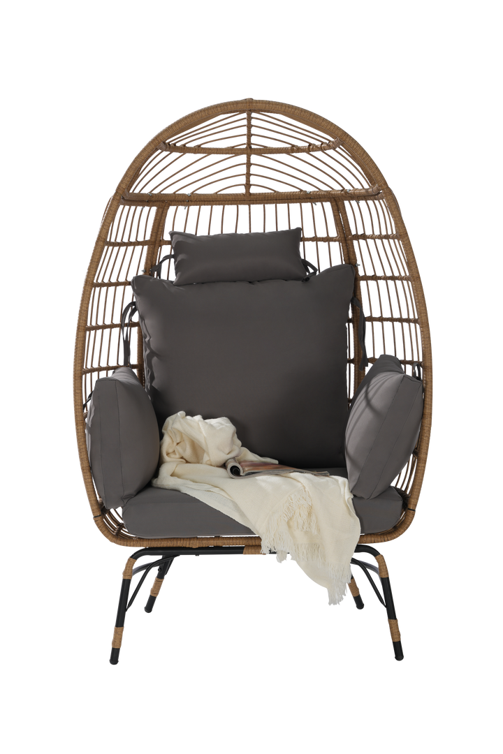 Outdoor Rattan Egg Chair with Cushion – Dark Gray All-Weather Wicker Patio Lounge Chair for Garden, Balcony, or Porch, 360 lbs Capacity Sangria Beech