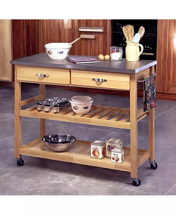 Stainless Steel Top Kitchen Cart with Locking Wheels, 2 Drawers & 2 Shelves – Portable Utility Table with Towel Rack and Side Storage Yellow Crius