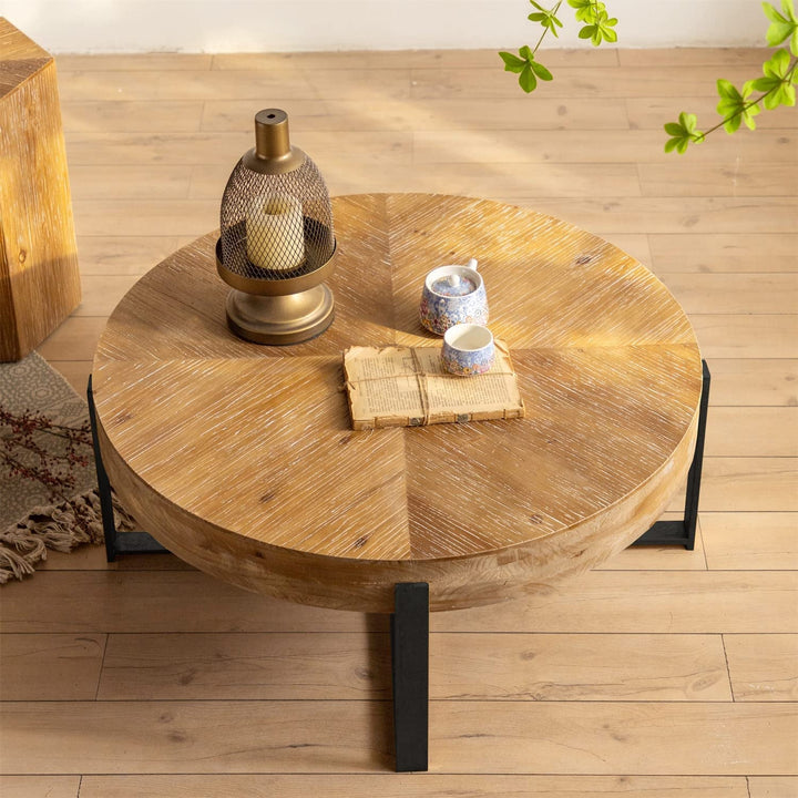 Modern Round Coffee Table with MDF Wood Top & Metal Legs – 31.29” Living Room Accent Table, Easy Assembly, Industrial Style Peach Maple