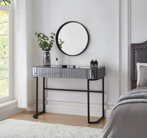 Modern Gray Makeup Dressing Table with Mirrored Glass & Stainless Steel Base, 2 Drawers, Multi-Functional Vanity Desk Sangria Beech