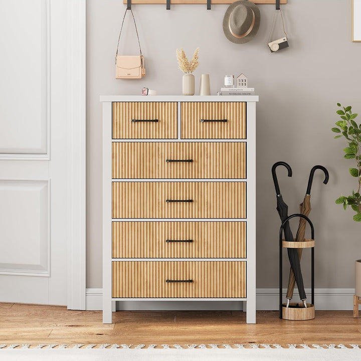 White Fluted 6-Drawer Dresser – Modern Tall Chest with Wavy Panels & Black Handles for Bedroom, Living Room, or Entryway Peach Maple