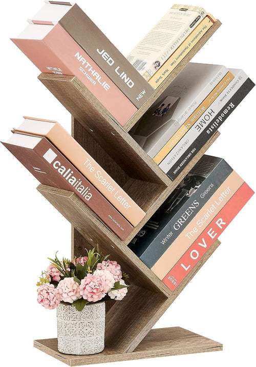 Rustic Tree Bookshelf – 4-Tier Small Space Bookcase with Wood Shelves & Metal Frame, Corner Storage Rack for Living Room, Bedroom, or Office Peach Maple