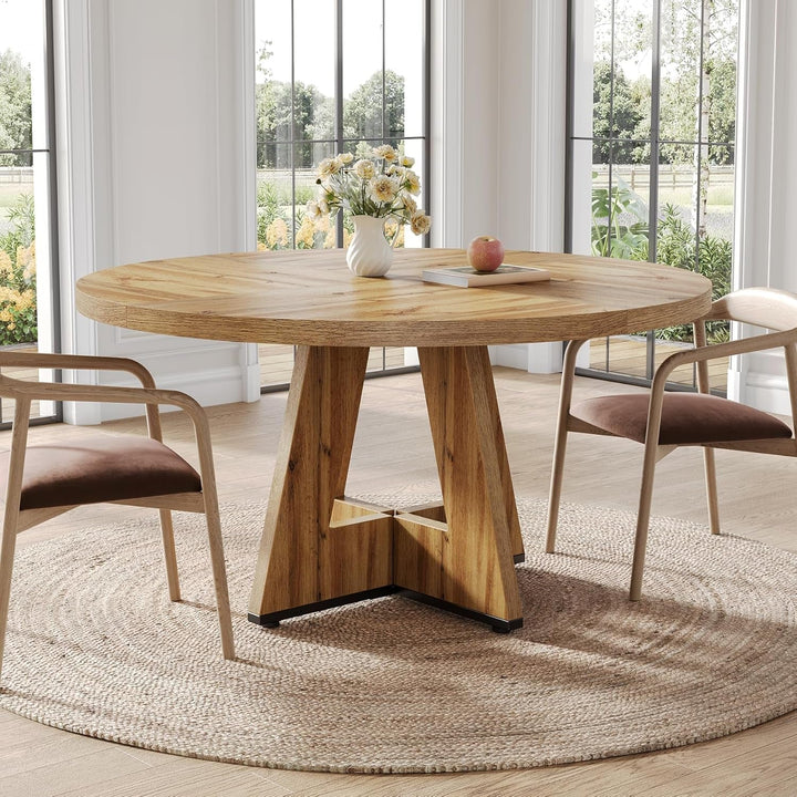 47" Round Farmhouse Dining Table with Pedestal Base – Seats 4-6, Light Brown Peach Maple