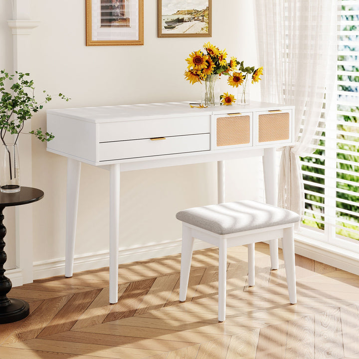 White Makeup Vanity Table with Hidden Square Mirror, 3 Drawers with Woven Rattan Design & Upholstered Stool – Solid Wood & MDF, Space-Saving Dressing Table Set Sangria Beech