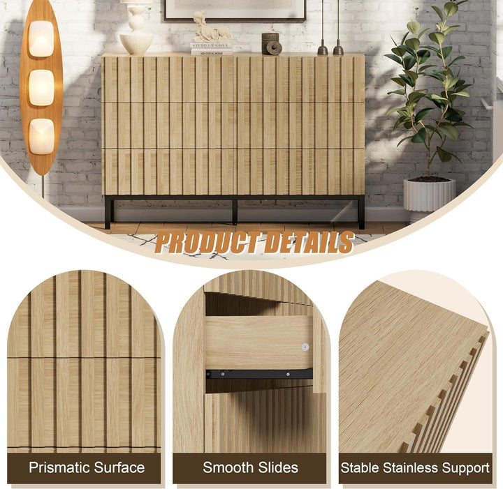 Modern 6-Drawer Wooden Dresser with Vertical Accent Lines – Spacious Bedroom Storage & TV Stand, Natural Wood Finish Peach Maple