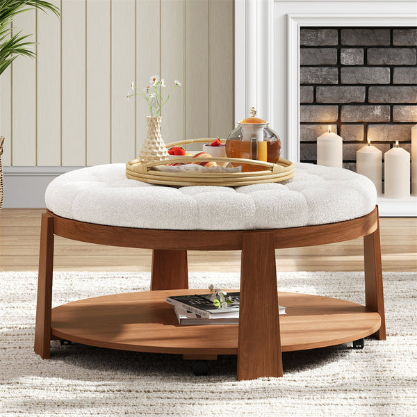 Modern Large Round Ottoman Coffee Table 2-Tier Oversized Button Tufted Ottoman with Wood Shelf Storage Upholstered Coffee Table for Living Room Footrest Ottoman with wheel, waterproof Linen GH Modern Living