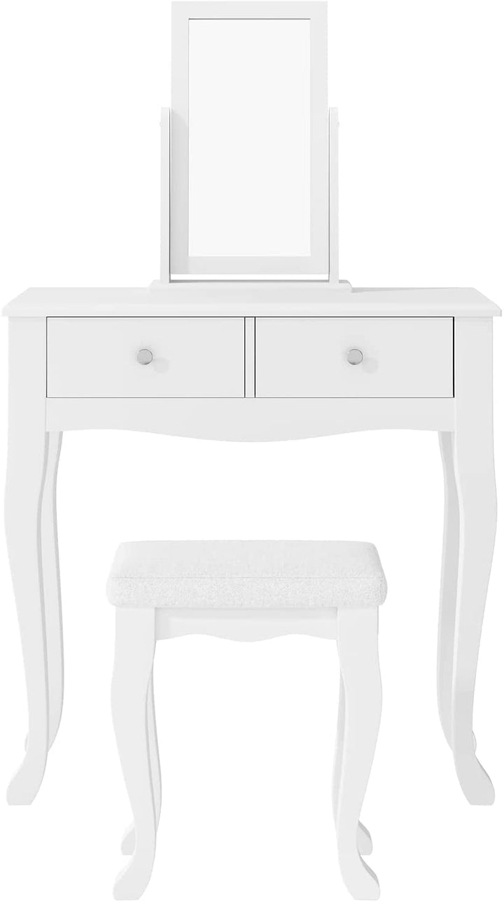 Modern Vanity Table Set with 360° Pivoting Mirror and Cushioned Stool – Makeup Dressing Table with 2 Drawers, Solid Wood & PU Seat Peach Maple