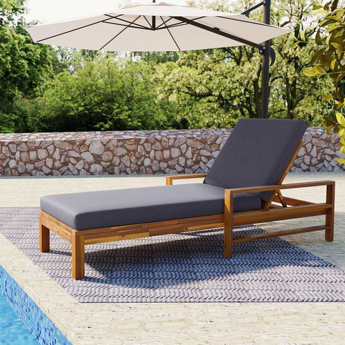 Acacia Wood Outdoor Lounge Chair with 3-Position Adjustable Backrest & Cushions – Natural Finish, High-Density Foam, Weather-Resistant Recliner for Patio, Garden, or Poolside Sangria Beech