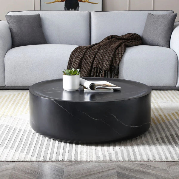 Modern Round Black Fiberglass Coffee Table – 35" Minimalist Center Table for Living Room or Office Sangria Beech
