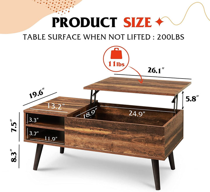 Modern Lift-Top Coffee Table with Hidden Storage & Removable Shelf – Rustic Wood Finish, 39.4" Center Table for Living Room Peach Maple