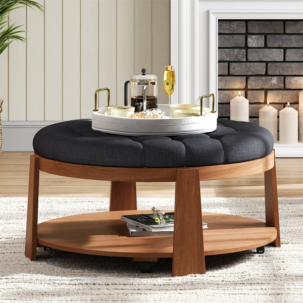 Modern Large Round Ottoman Coffee Table 2-Tier Oversized Button Tufted Ottoman with Wood Shelf Storage Upholstered Coffee Table for Living Room Footrest Ottoman with wheel, waterproof Linen GH Modern Living