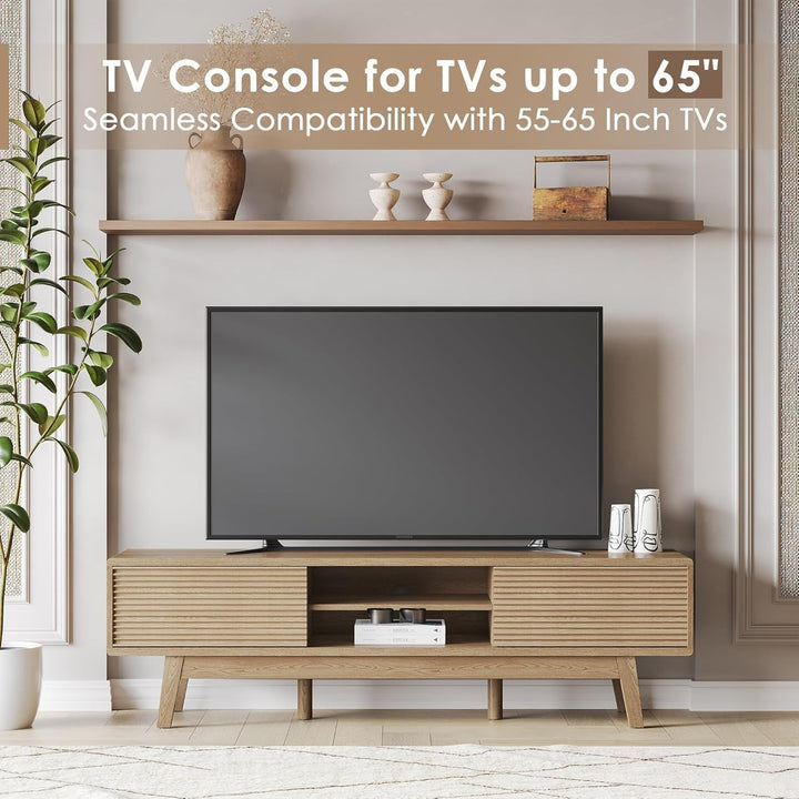 59" TV Console, Mid Century Modern Media Console for 55/60/65 Inch TV Peach Maple