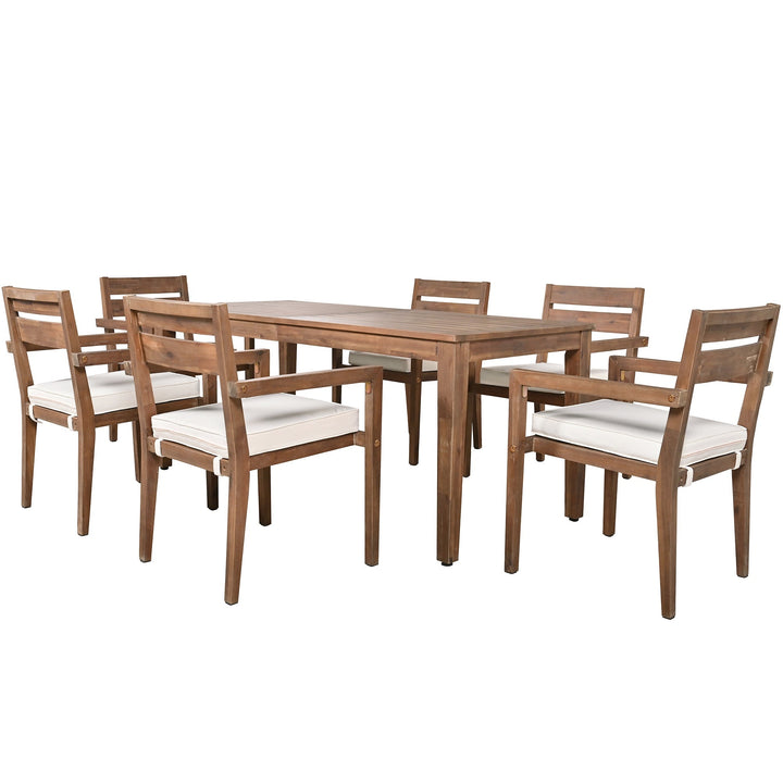 7-Piece Outdoor Acacia Wood Dining Set – Burly Wood Table and 6 Chairs with Cushions, Weather-Resistant Patio Furniture for Garden, Balcony, Backyard Sangria Beech