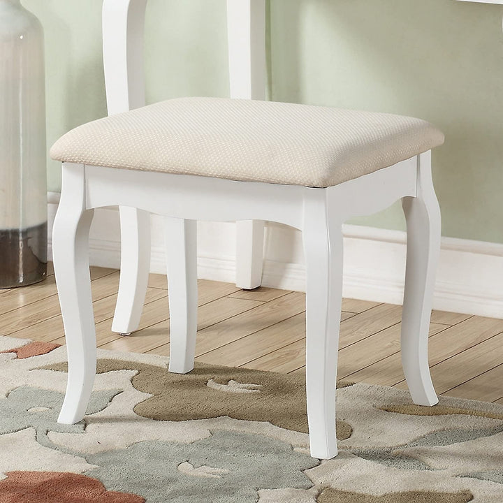 Roundhill White Vanity Table and Stool Set with Adjustable Oval Mirror – 5 Drawer Makeup Desk with Upholstered Beige Bench for Bedroom or Dorm Peach Maple