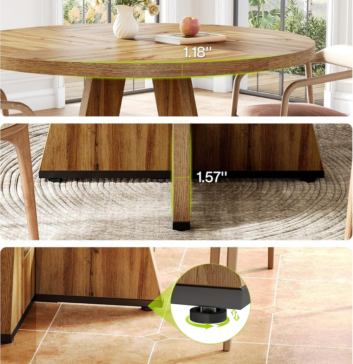 47" Round Farmhouse Dining Table with Pedestal Base – Seats 4-6, Light Brown Peach Maple