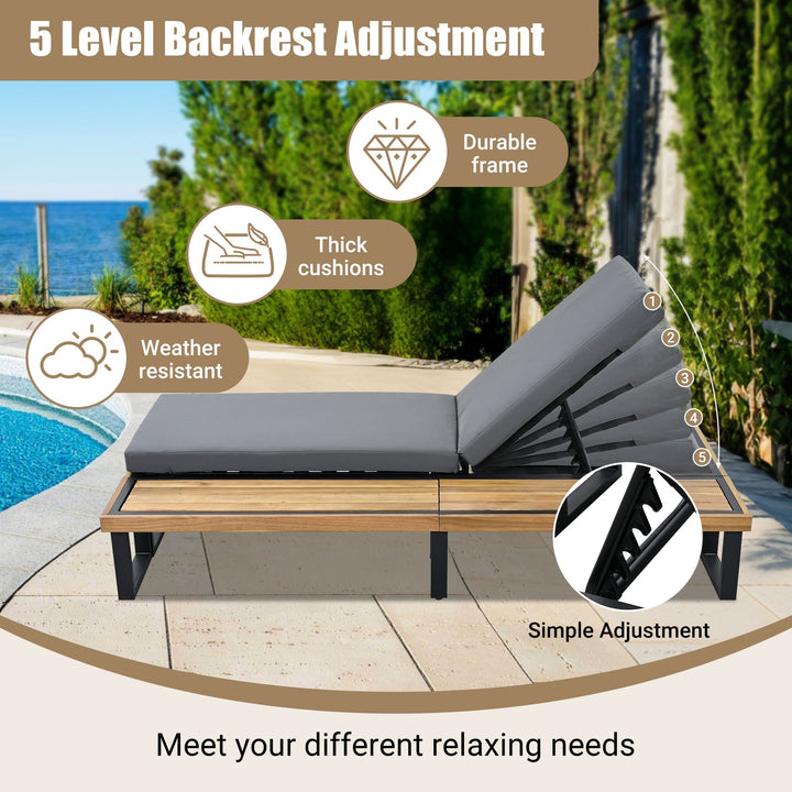 Adjustable Outdoor Chaise Lounge Chair with Cushion & Side Table – Acacia Wood Frame, 5-Position Recliner for Patio, Poolside, or Garden Sangria Beech