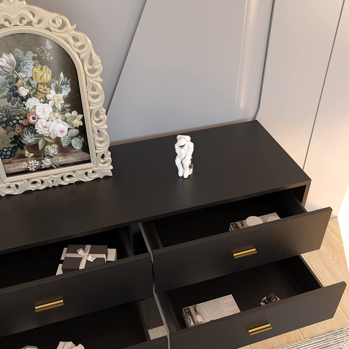 Modern Black 6-Drawer Dresser with Matte Finish – Spacious Bedroom Storage Chest with Metal Handles Peach Maple
