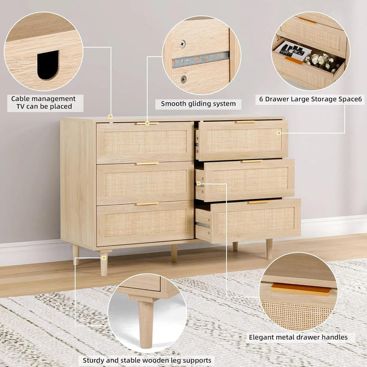 Natural Rattan 6 Drawer Dresser – Stylish MDF Wood Storage with Durable Construction Peach Maple