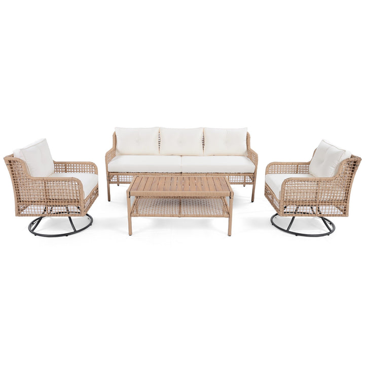 5-Piece Outdoor Patio Furniture Set with 3-Seat Sofa, 2 Swivel Chairs & Wood Coffee Table – PE Rattan Wicker, Beige Cushions, Weatherproof Design Sangria Beech