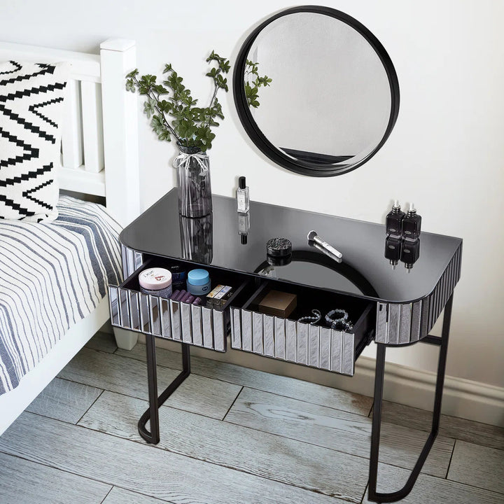 Modern Gray Makeup Dressing Table with Mirrored Glass & Stainless Steel Base, 2 Drawers, Multi-Functional Vanity Desk Sangria Beech