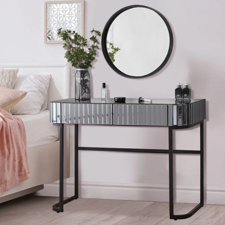 Modern Gray Makeup Dressing Table with Mirrored Glass & Stainless Steel Base, 2 Drawers, Multi-Functional Vanity Desk Sangria Beech
