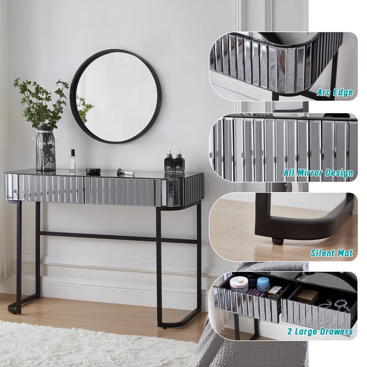 Modern Gray Makeup Dressing Table with Mirrored Glass & Stainless Steel Base, 2 Drawers, Multi-Functional Vanity Desk Sangria Beech