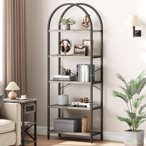 IDEALHOUSE 5-Tier Tall Bookshelf with Wood Grain MDF & Metal Frame – Industrial Grey Bookcase with Gold Accents, X-Shaped Support, Adjustable Feet, and Anti-Tip Safety Straps (23.6" W x 70.9" H) Peach Maple