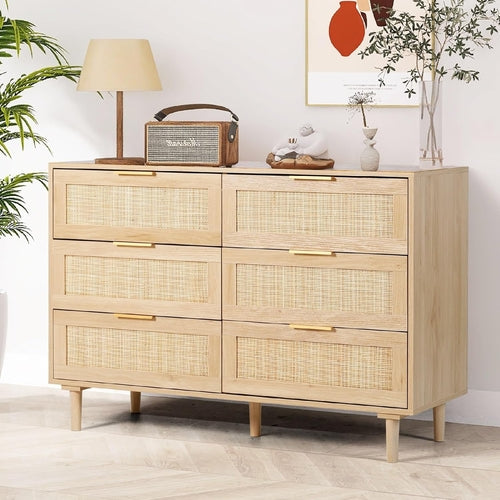 Natural Rattan 6 Drawer Dresser – Stylish MDF Wood Storage with Durable Construction Peach Maple