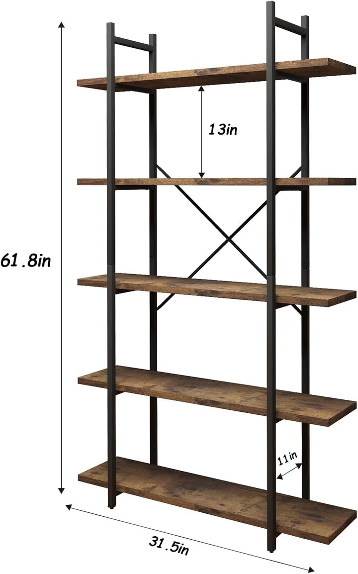 Rustic 5-Tier Bookshelf with Faux Marble Wood Shelves – Industrial Bookcase with Metal Frame and X-Brace, 31.5" Wide Ladder Shelf for Living Room, Kitchen, or Office Peach Maple