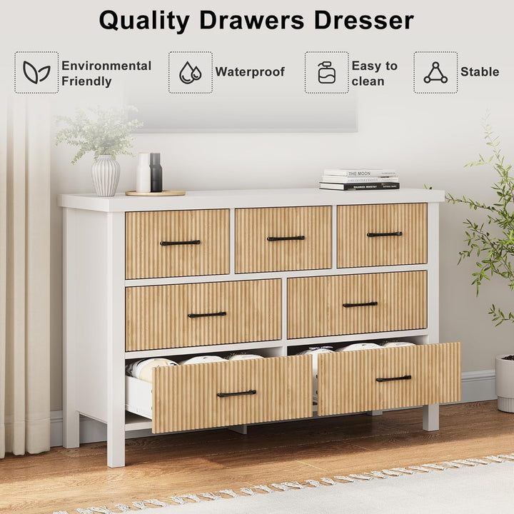 Jocoevol 7-Drawer White Wood Dresser with Fluted Panels – Modern Storage Chest for Bedroom, Living Room, Entryway Peach Maple