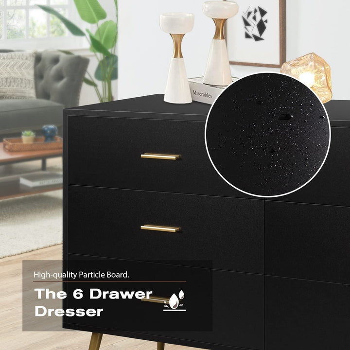 Modern Black 6-Drawer Dresser with Matte Finish – Spacious Bedroom Storage Chest with Metal Handles Peach Maple