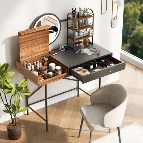GO 40" Makeup Vanity Desk with 3-Mode LED Lighted Mirror, Wireless Charging Station, Drawer & Open Shelves – Black MDF & Iron Dressing Table for Bedroom CJDropshipping